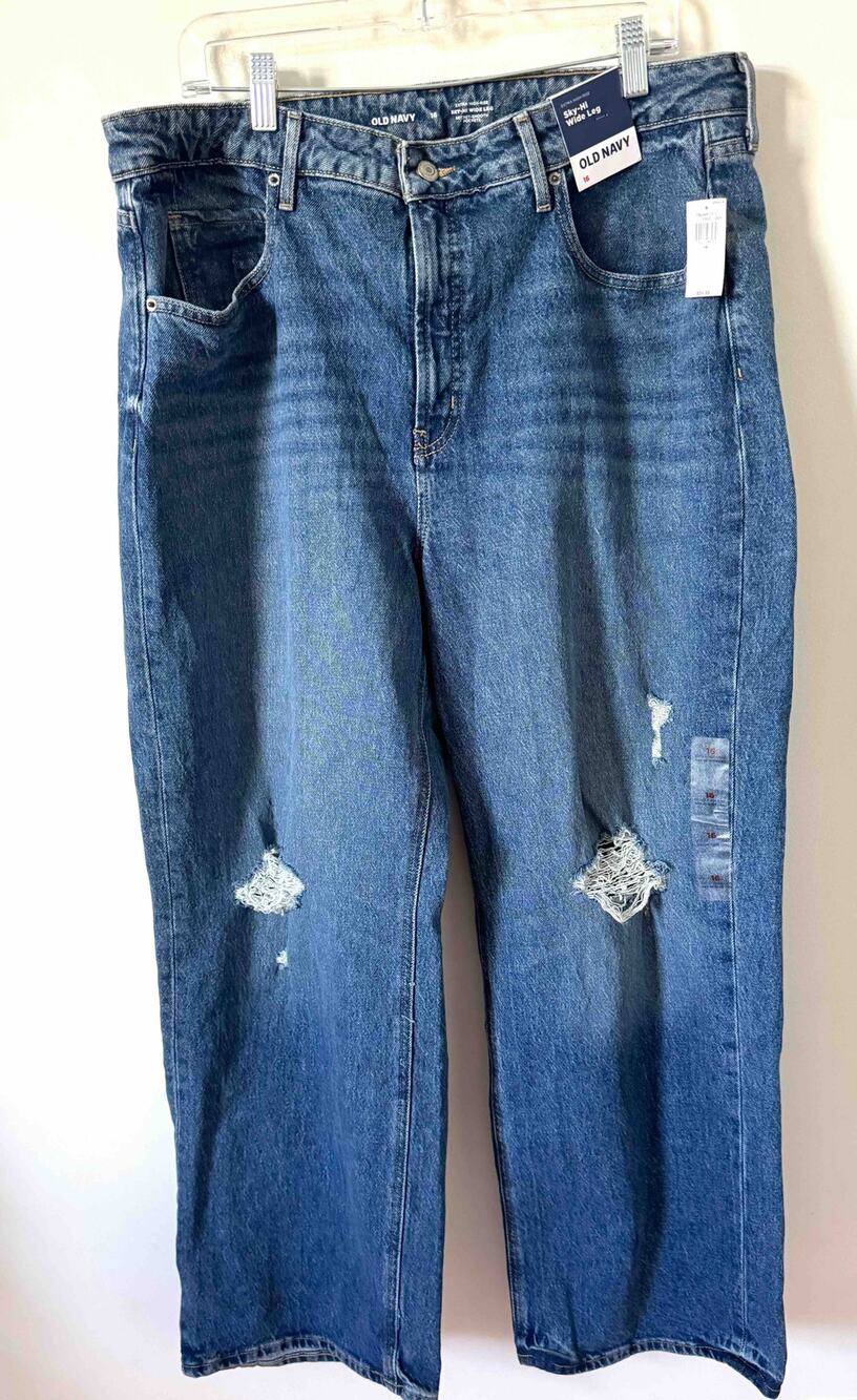 Old Navy Distressed Sky-High Wide Leg Denim Jeans Blue Size 16 NEW